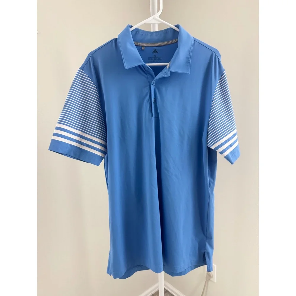 Adidas Golf Mens Blue Striped Sleeve Performance Polo Shirt Size Medium